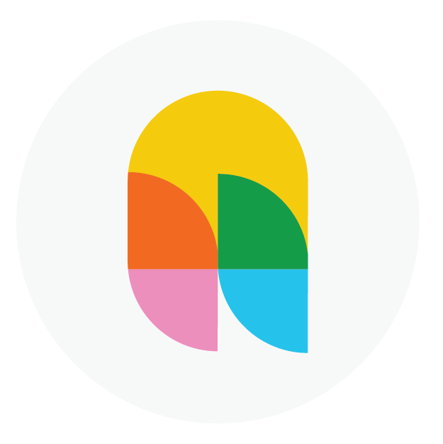A colorful, stylized icon resembling a person with a green torso, yellow head, pink and orange arms, and blue legs, set against a white circular background.