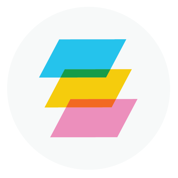 Four overlapping geometric shapes in blue, green, yellow, and pink on a white background.