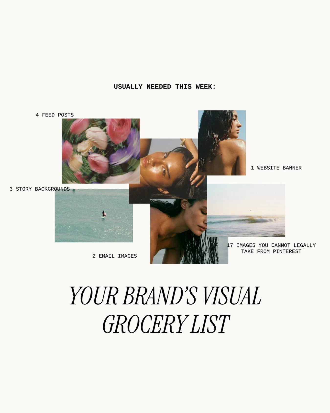 The weekly content shop somehow always includes:

4 feed posts
3 story backgrounds
2 email images
1 website banner
&hellip;and 17 Pinterest images you cannot legally use.

Sundae Stock is coming to make the list a little easier.

#creativeagency #moo