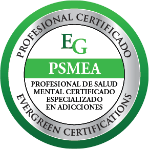 Seal with green and black border reading 'Professional Certificado Evergreen Certifications,' featuring 'EG' and 'PSMEA' inside, indicating a mental health professional certification in addictions.