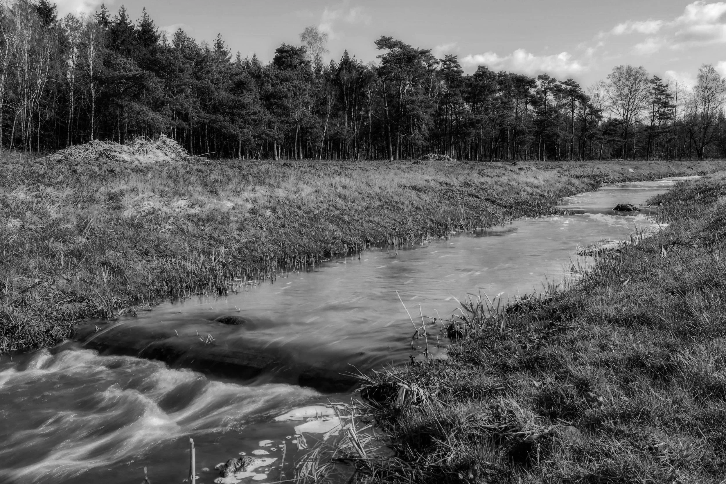 black and white photo of wide stream running through field with tree line and bright skies in the background