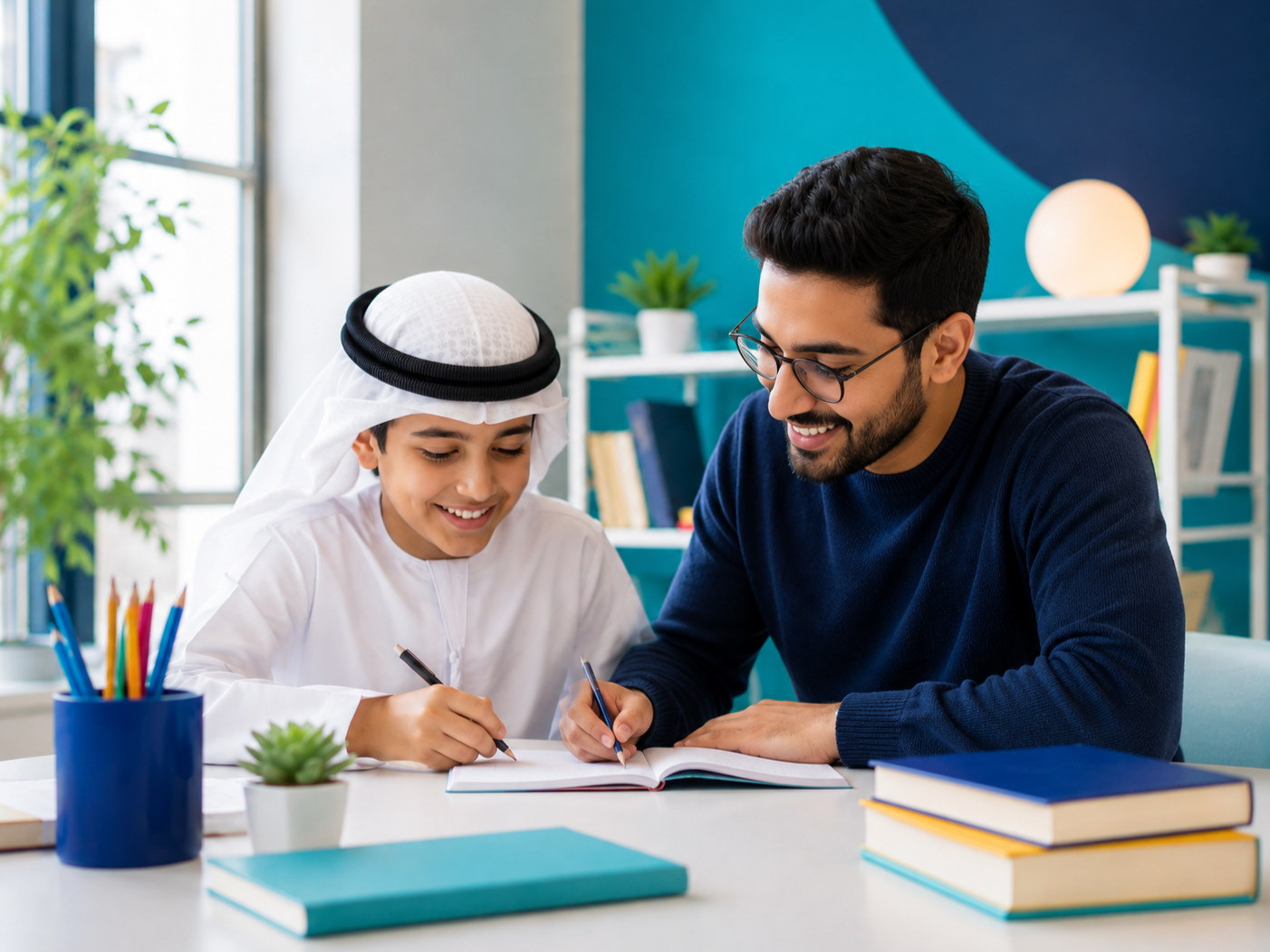 A young Arab boy in traditional white clothing and an older man with glasses, his tutor is sitting at a desk together writing in a notebook, smiling, in a brightly lit classroom with books and plants around.
