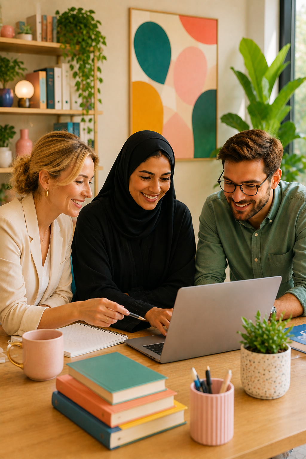 Three diverse people sitting around a table looking at a laptop, smiling, with notebooks, books, a mug, and potted plants on the table in a cozy, modern room.