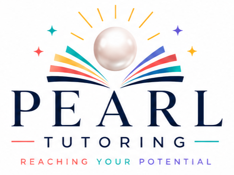 Logo for Pearl Tutoring featuring a pearl above open colorful books with the tagline 'Reaching Your Potential'.