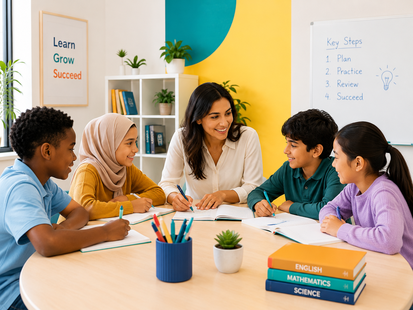 A teacher sitting with five diverse students at a round table in a classroom. The students are smiling and writing in notebooks, with textbooks labeled English, Mathematics, and Science. The classroom has a colorful wall, a whiteboard with a list of key steps, and a shelf with books and plants.