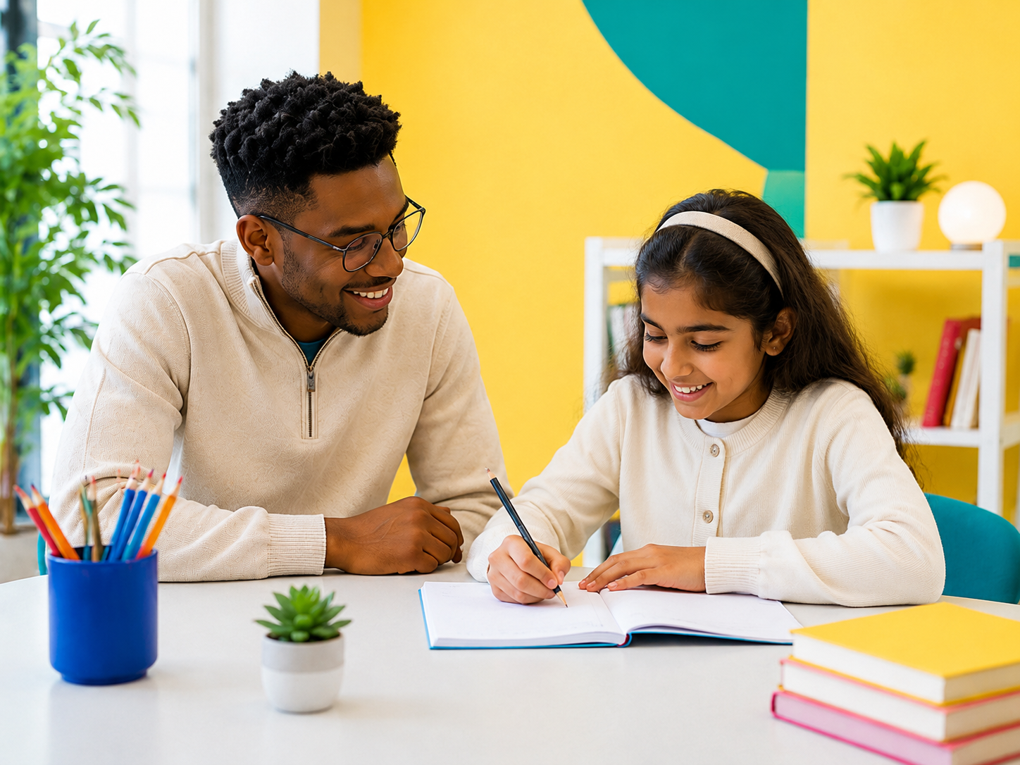 A man and a girl sitting at a table, smiling, with the girl writing in a notebook. The background is bright yellow with plants and books.
