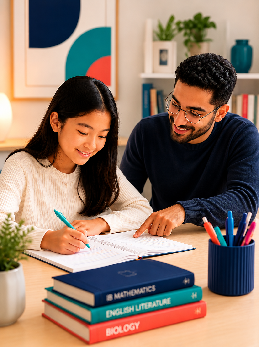 A young girl receives tutoring from a male teacher at a table, with books and writing supplies.