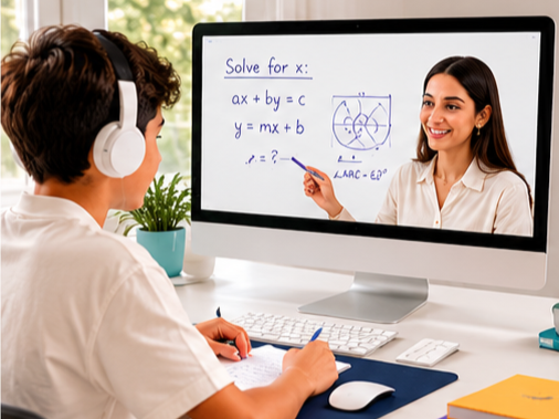 A woman teaching a math lesson on solving for x using algebraic equations and graphing on a computer, with a student taking notes.