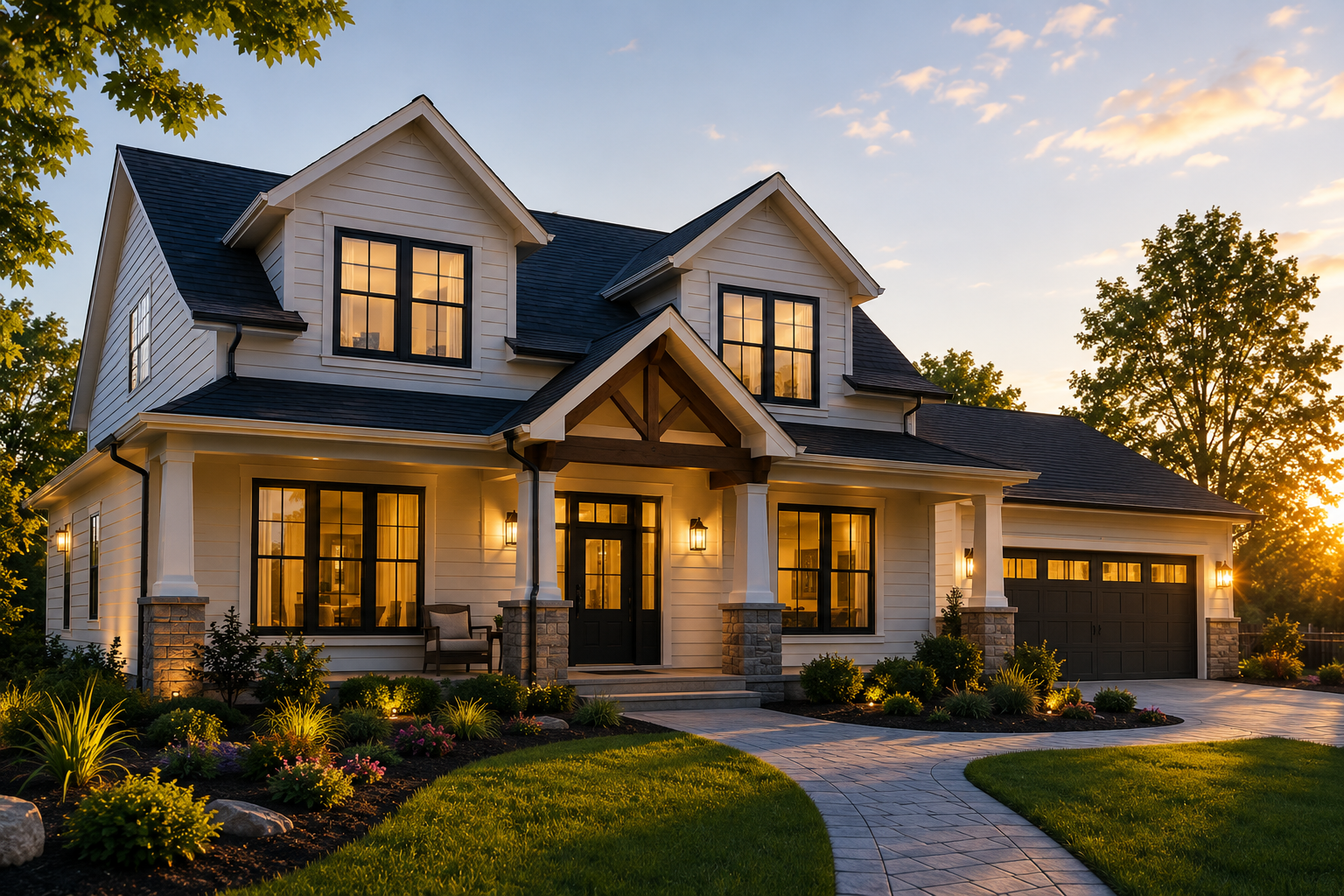 A two-story modern farmhouse with white siding, black window frames, and a dark roof, illuminated at sunset next to a landscaped yard with a curved walkway, plants, and trees.