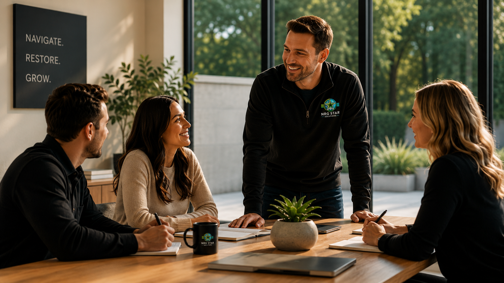 A group of four people having a discussion during a meeting in a bright conference room with large windows and greenery outside. One man standing and smiling at three seated colleagues, all engaged and smiling.