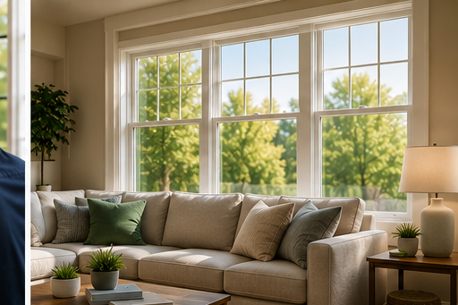 Sunlit living room with beige sofa, green and gray pillows, and large front window showing green trees outside.