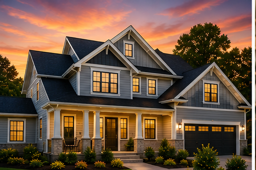 A large modern house with a porch, multiple gabled roofs, illuminated windows, situated in a landscaped yard at sunset.