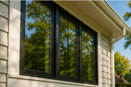 Close-up of a house window with black frames and glass reflections of trees, under a blue sky.