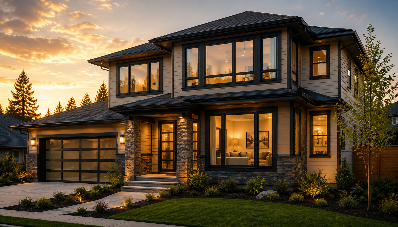 A two-story modern house with large windows, a stone and siding exterior, a front lawn, and a landscaped garden at sunset.