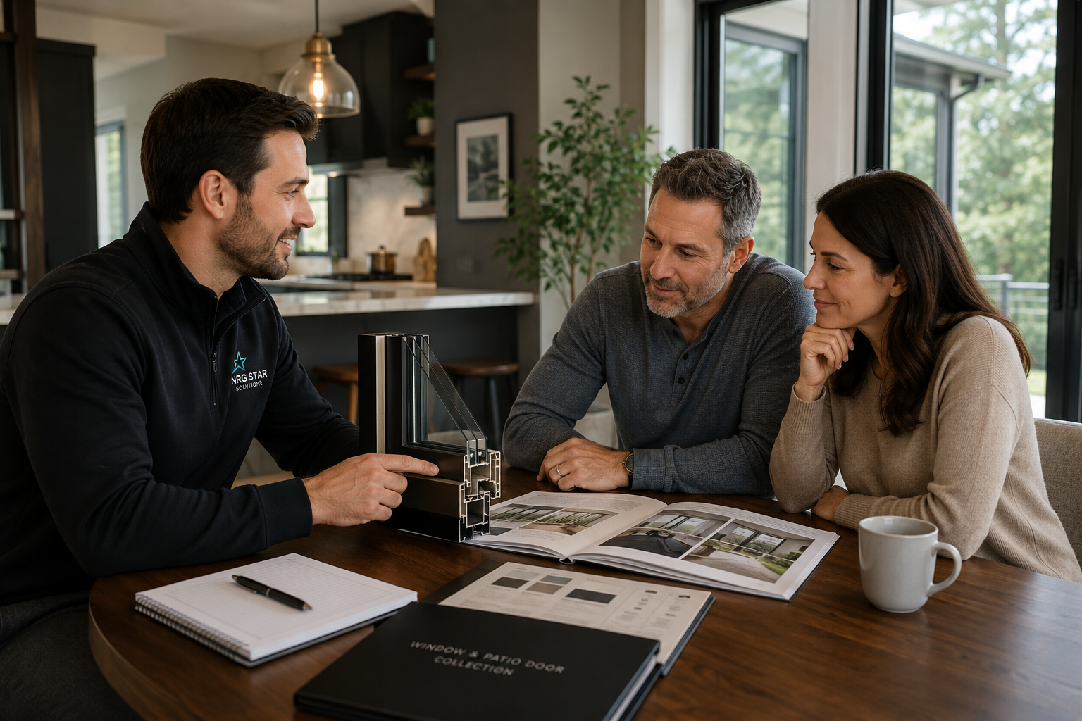 A salesperson explains window options to a couple in a modern kitchen, showing a sample window, with catalogs and documents on the table.