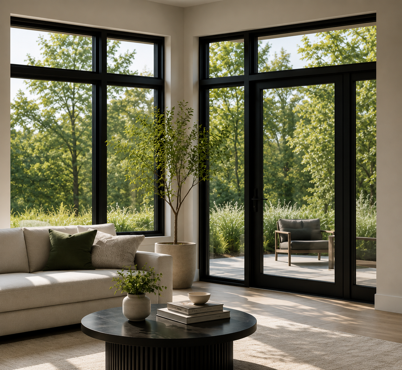 Living room with large windows, a beige sofa with dark green and beige pillows, a black coffee table with books and a small potted plant, a tall potted tree, and a view of a patio with outdoor seating and green trees outside.