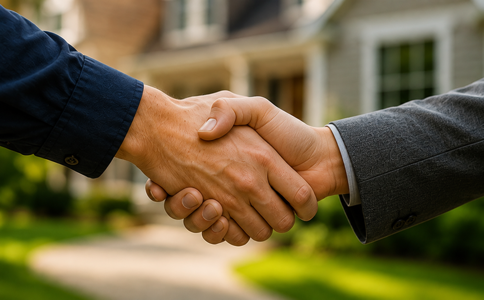 Two people in business attire shaking hands outdoors with a blurred house and greenery in the background.
