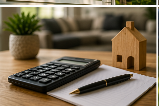 A calculator, a pen, and a notepad on a wooden table with a small wooden house model and a potted plant in the background.