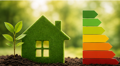 A green moss-covered house shape with a window, a small plant growing next to it, and a colorful energy efficiency rating scale in the background.