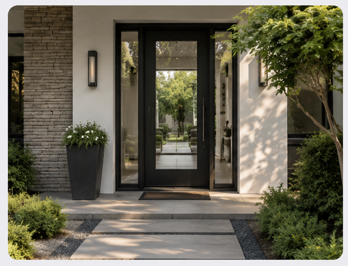 Modern front porch with black-framed glass door, potted plant on the left, and greenery on both sides.