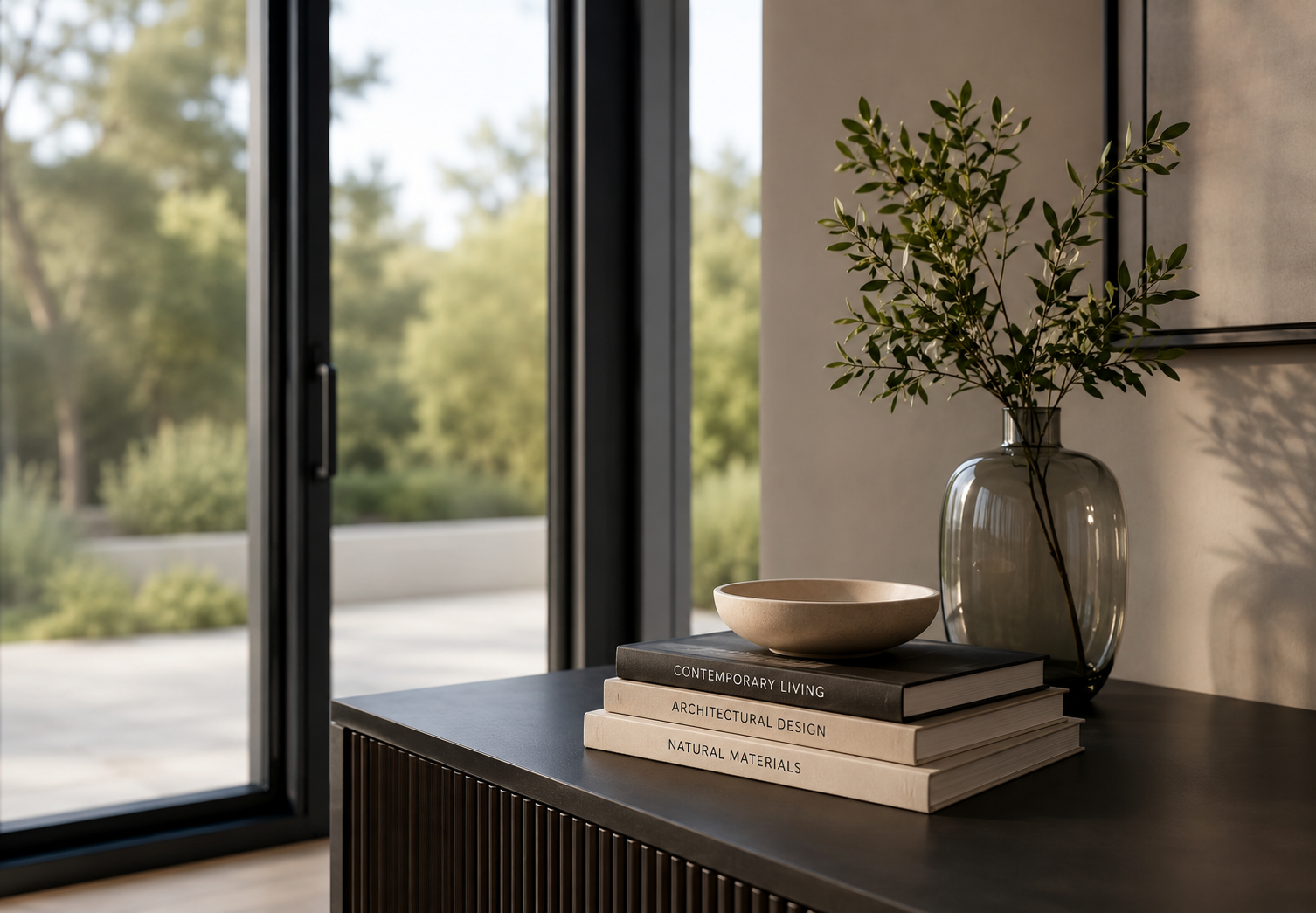 Interior decor featuring a dark wooden sideboard with a vase of green foliage, a stack of books titled 'Contemporary Living,' 'Architectural Design,' and 'Natural Materials,' and a light-colored bowl on top. Large glass doors open to an outdoor area with greenery.
