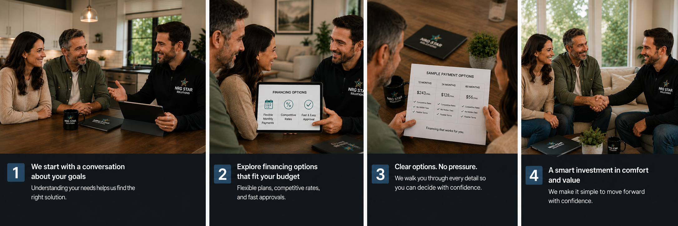A group of four people, including a couple and a representative, sitting at a wooden table in a living room and kitchen, discussing financing options with promotional materials like a tablet and printed fee sheets.