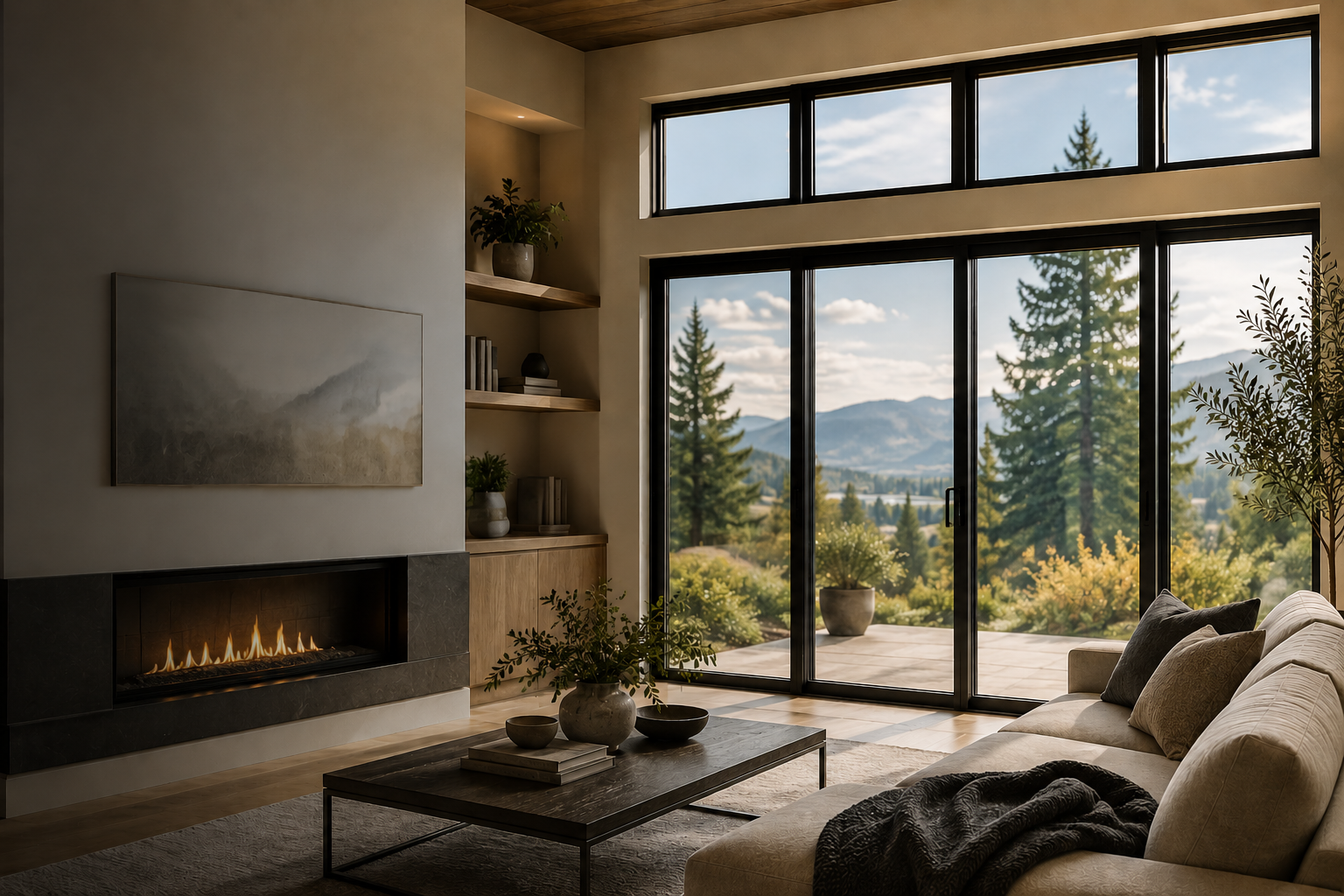 A living room with floor-to-ceiling windows revealing a scenic mountain view, a modern fireplace, a beige sofa with pillows, a wooden coffee table with decorative bowls, and plants.