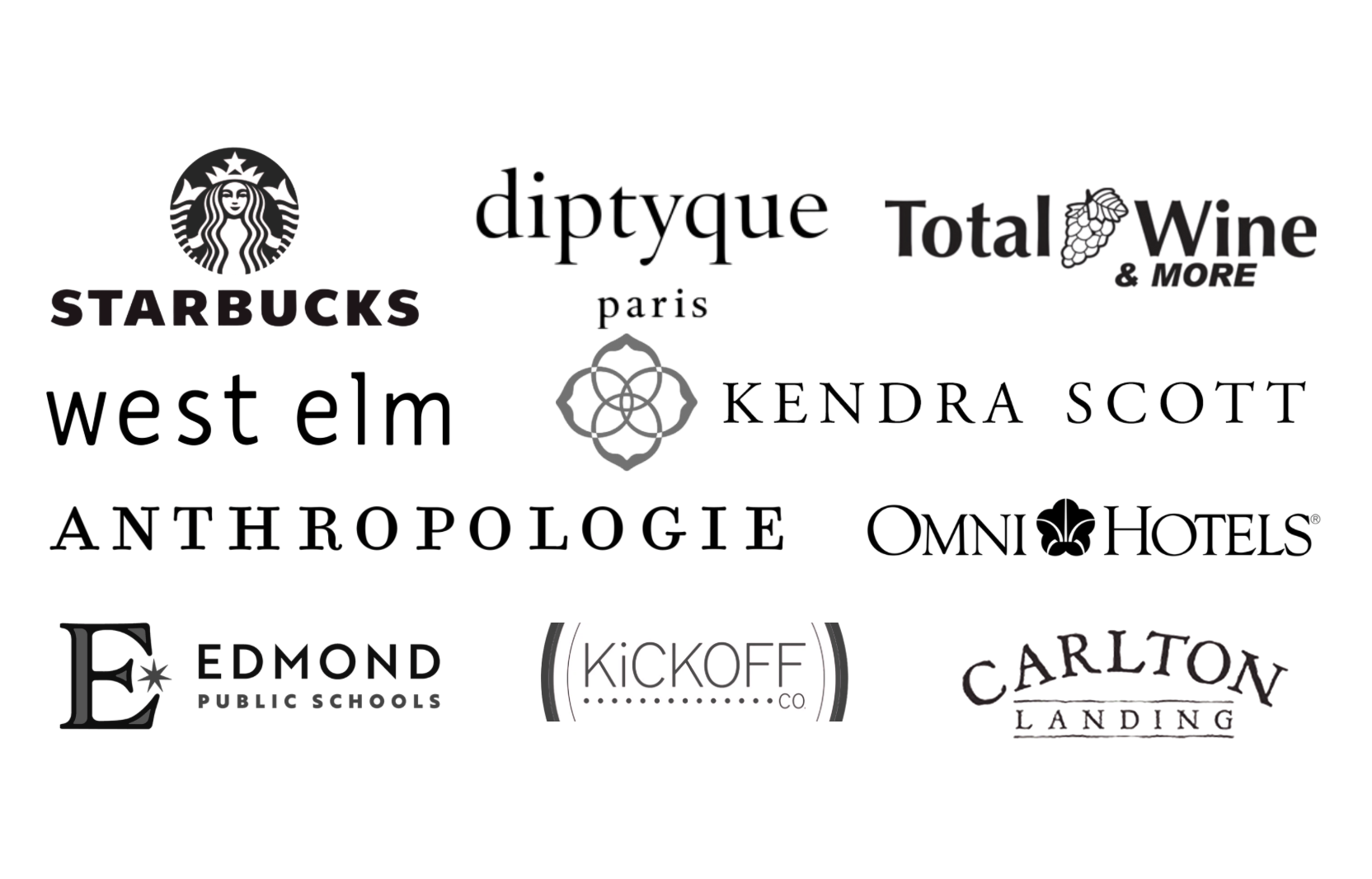 Collection of logos for various brands and organizations, including Starbucks, Diptyque, Total Wine, West Elm, Kendra Scott, Anthropologie, Omni Hotels, Edmond Public Schools, Kickoff Co., and Carlton Landing.