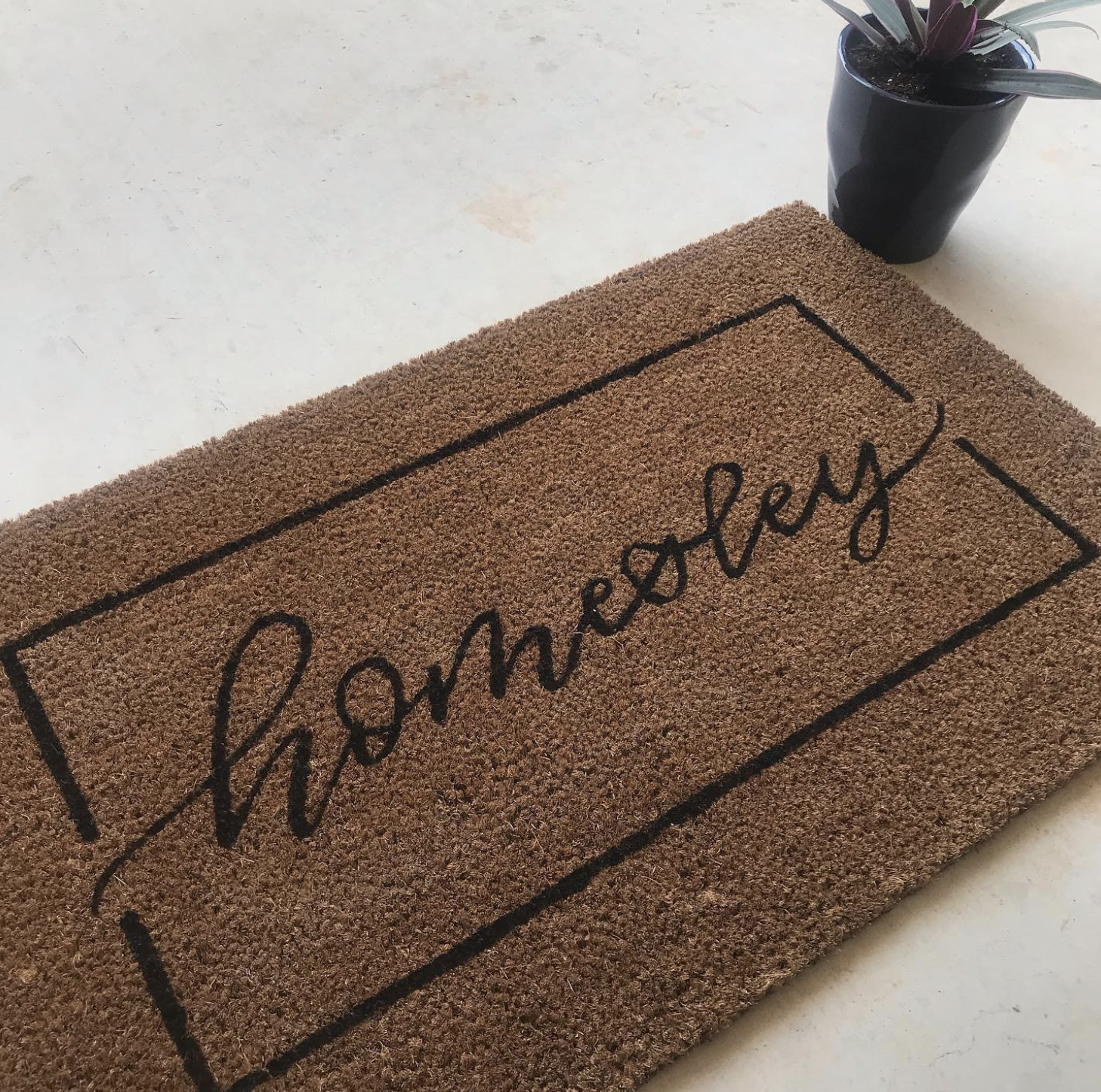 A rectangular brown doormat with the word 'Welcome' written in black cursive letters inside a black border, placed on a light-colored surface, and a black pot with a purple plant nearby.