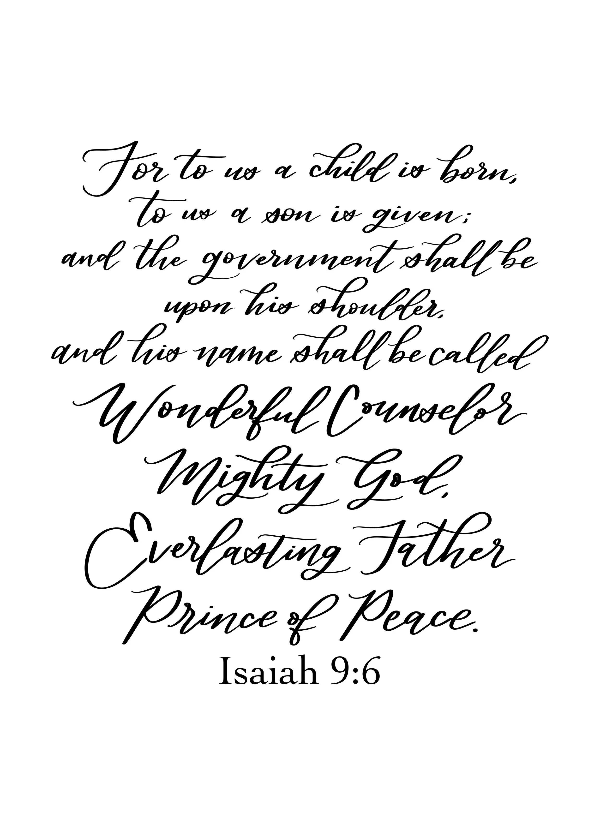 Scripture text from Isaiah 9:6 with decorative, cursive font on a white background.