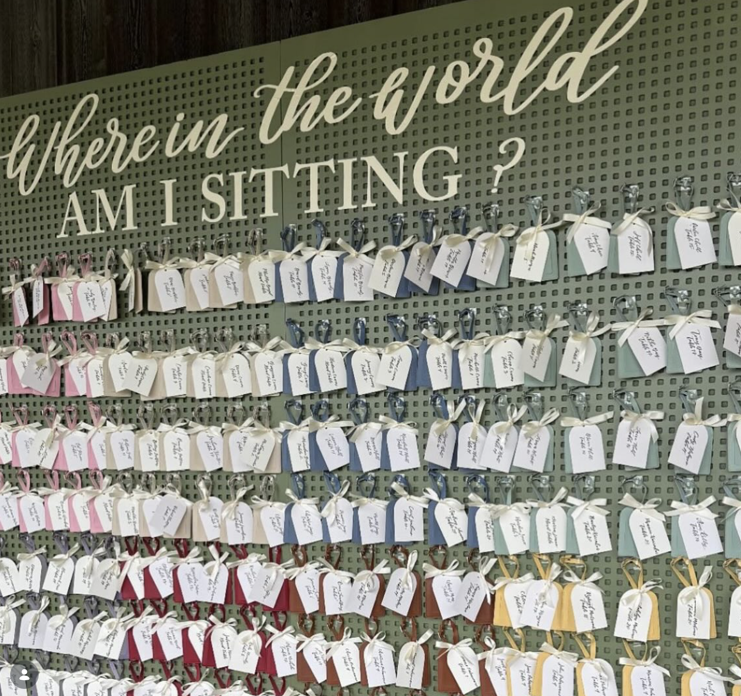A wall with a sign asking 'Where in the world am I sitting?' above rows of gift tags tied to hooks, each with handwritten notes.