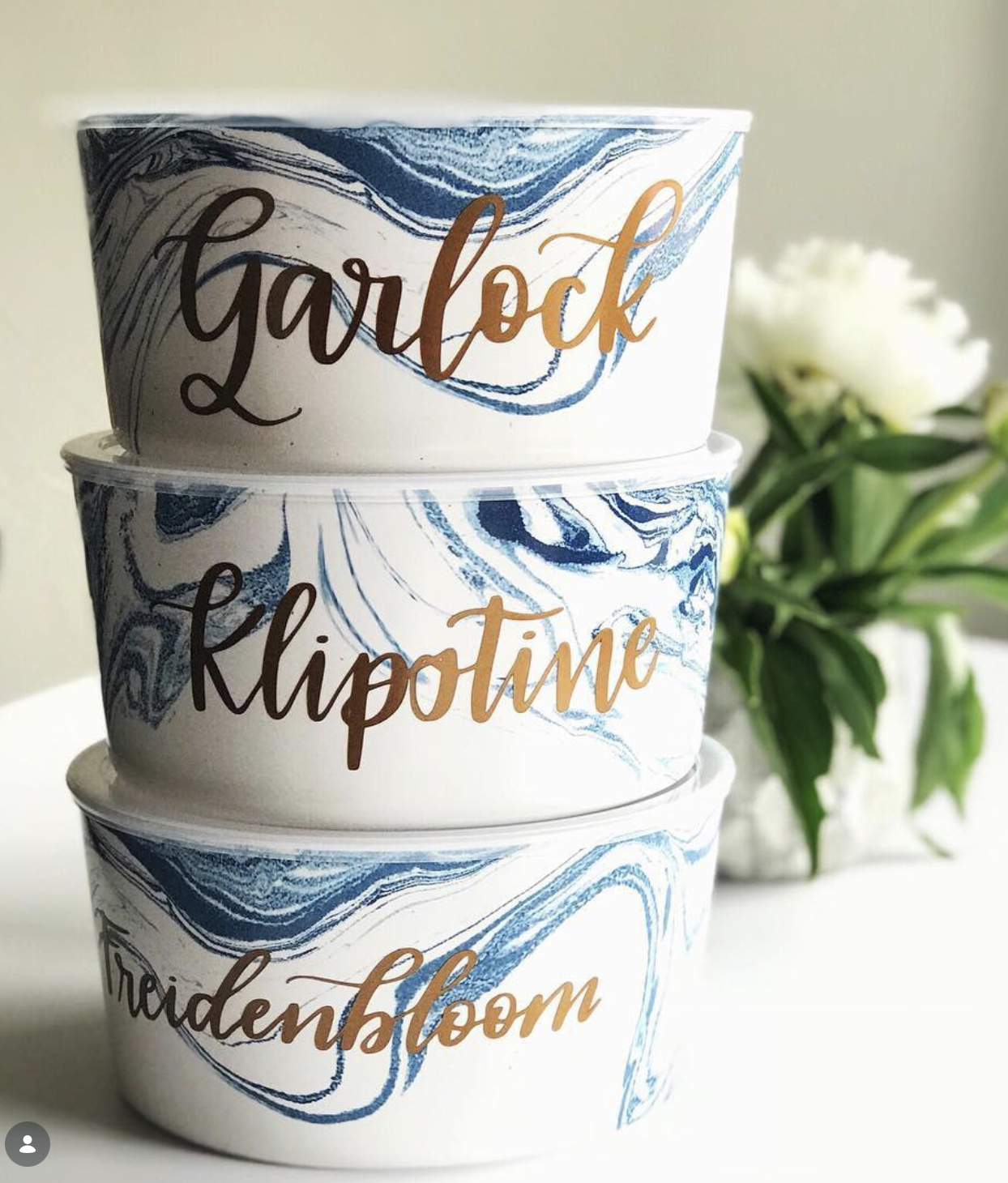 Stacked ice cream tubs with Marlock, Klipotime, and Trideonhloom labels, placed on a white surface with a green leafy plant with white flowers in the background.
