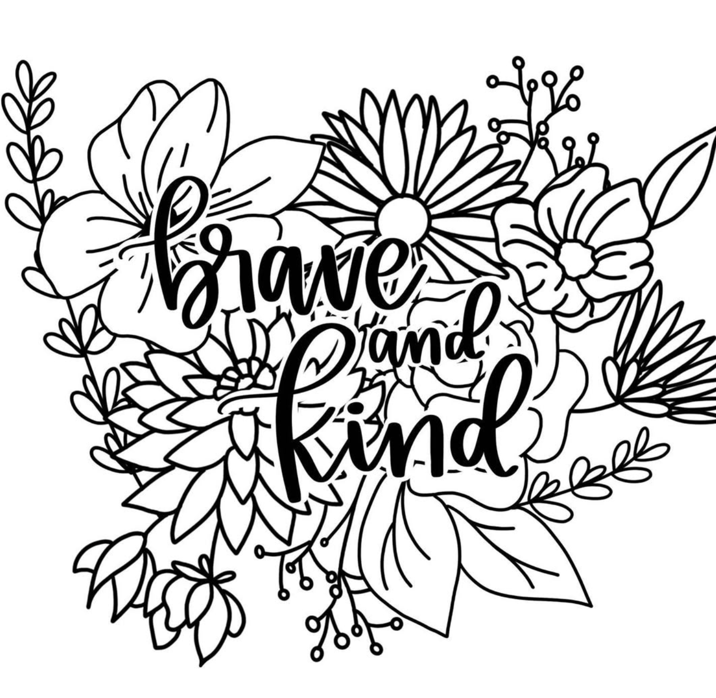 Black and white coloring page with floral design and the words "share and kind" written in the center.