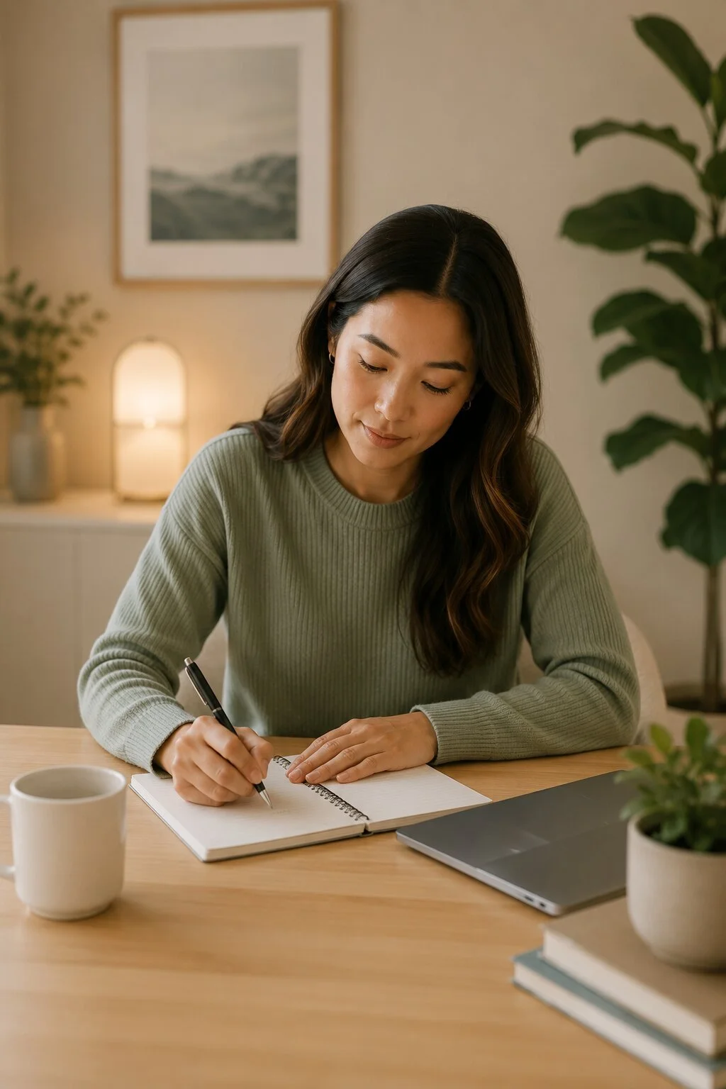 A woman writing in a notebook at a wooden desk, with a mug, a closed laptop, and a potted plant nearby, in a cozy, well-lit room with wall art and a lamp in the background.