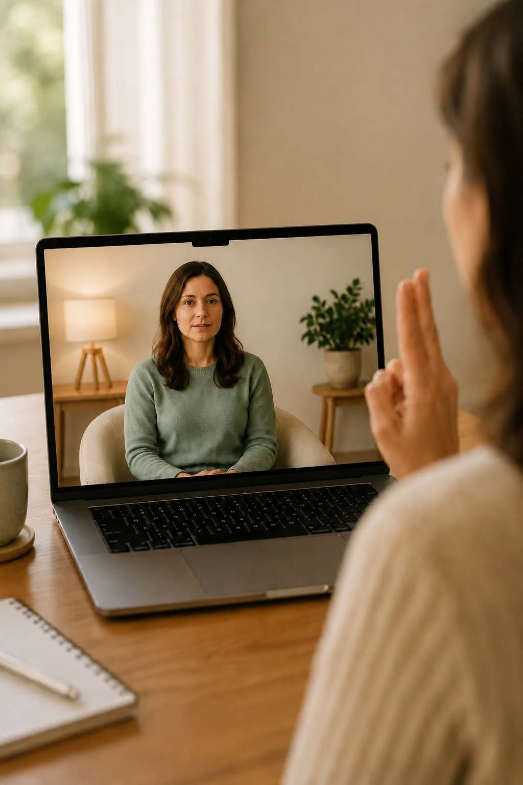 A woman having a virtual video call with another woman on her laptop in a well-lit room with plants and a lamp in the background.