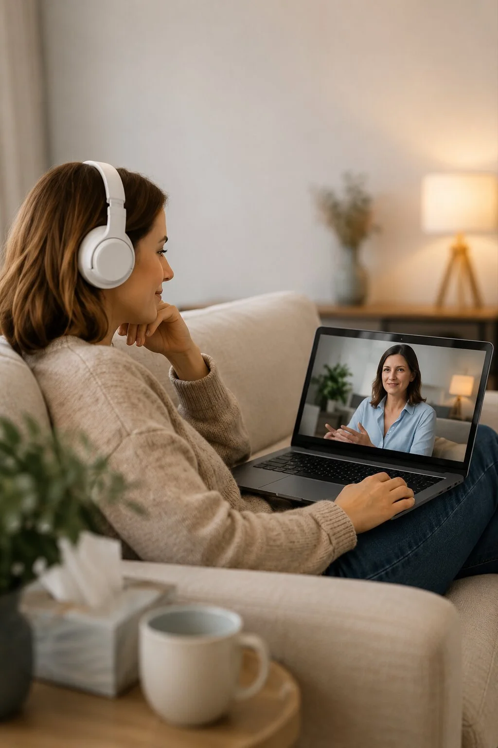 Woman with brown hair wearing headphones sitting on a beige couch, on a video call with another woman on her laptop, in a cozy living room with a lamp and houseplants.