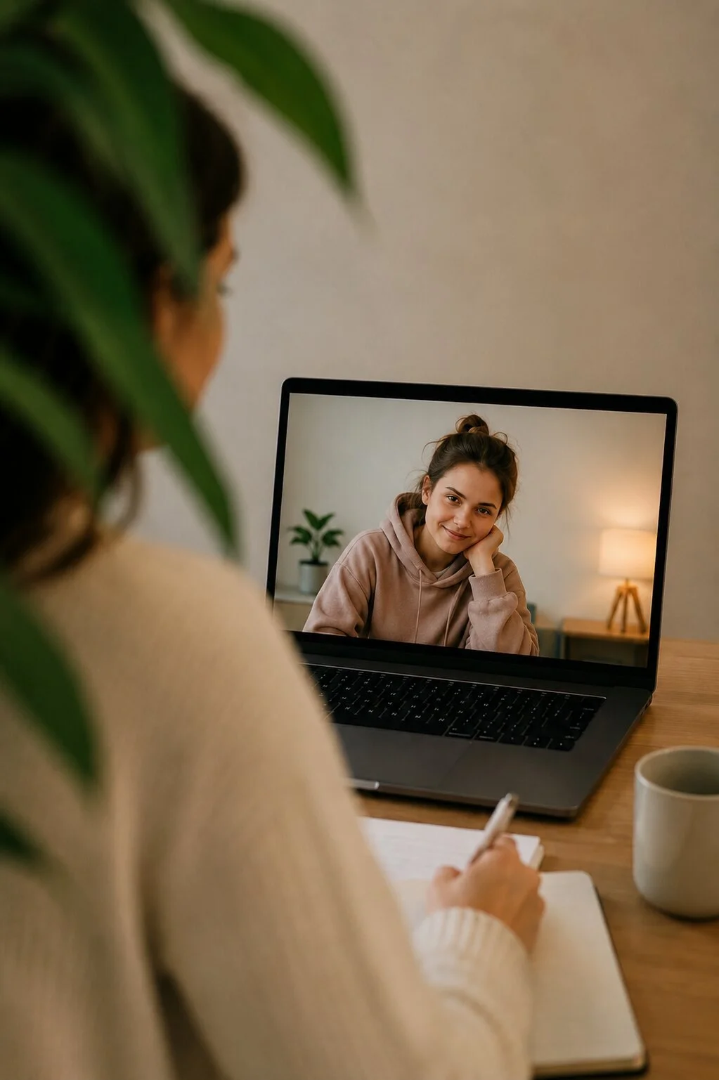 A woman taking notes during a video call with another woman on a laptop at a wooden desk. The laptop screen shows the woman in a hoodie smiling. A coffee mug and a notebook are also on the desk.