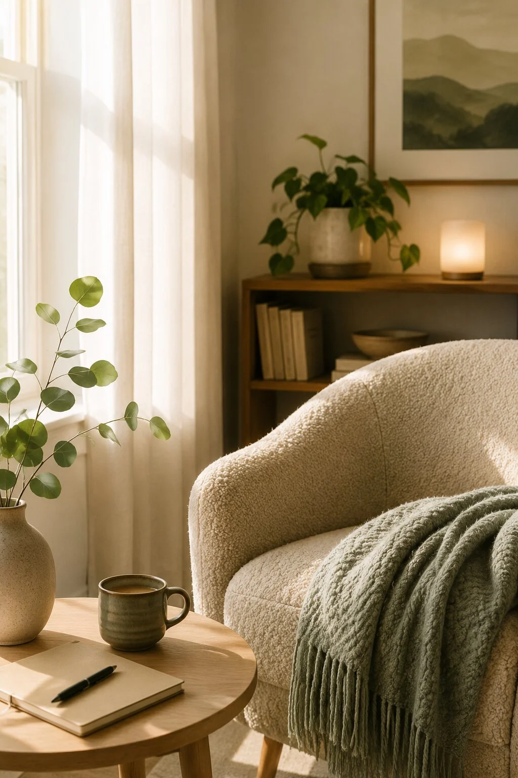 A cozy living room corner with a beige textured armchair, a green knitted throw blanket, a round wooden coffee table with a notebook, pen, mug, and vase with green leaves, a shelf with books and bowls, a framed landscape picture, and a lit candle near a window with sheer curtains.