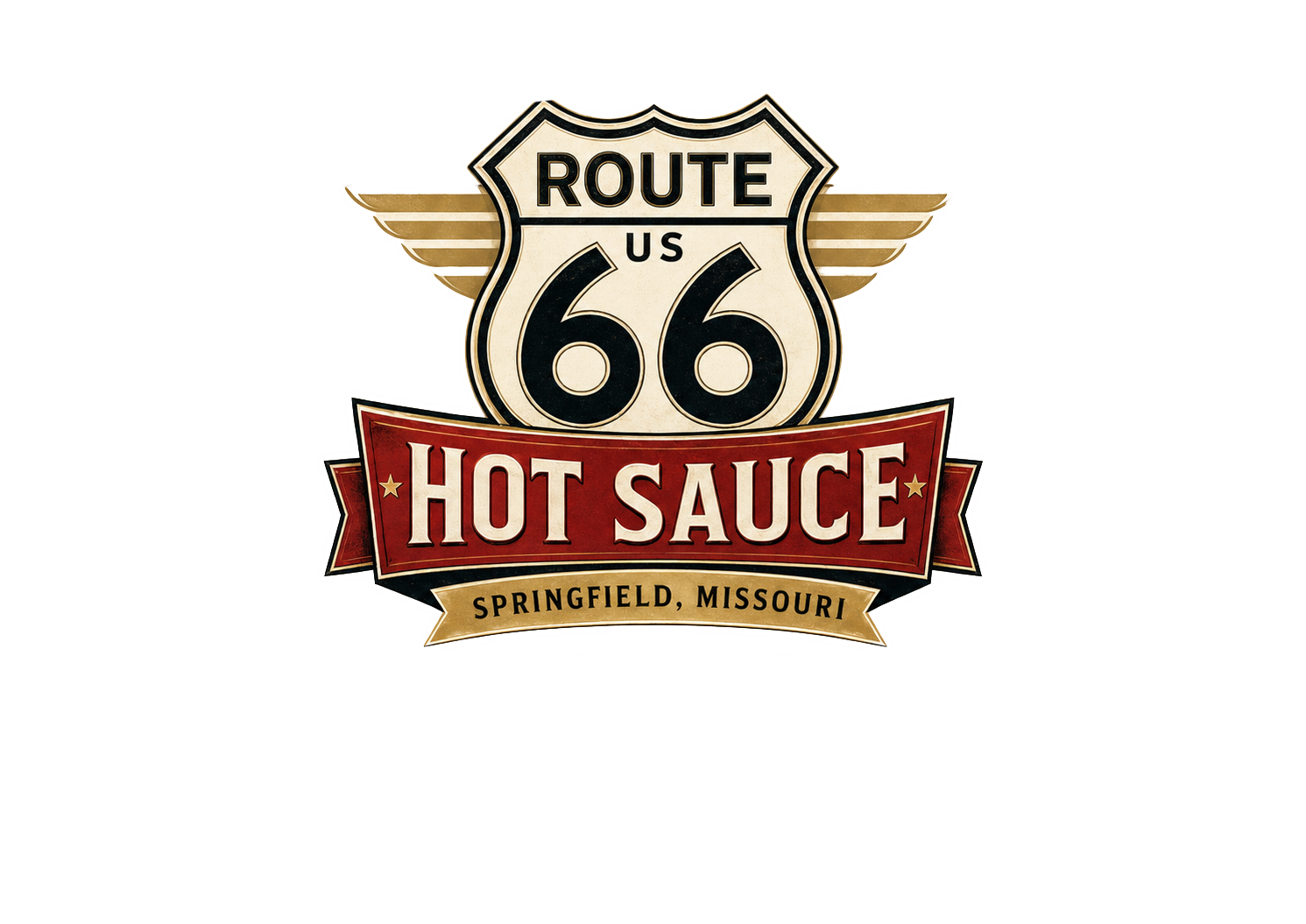 A vintage-style sign featuring the Route 66 highway shield with wings, the words 'Hot Sauce', and 'Springfield, Missouri' at the bottom.