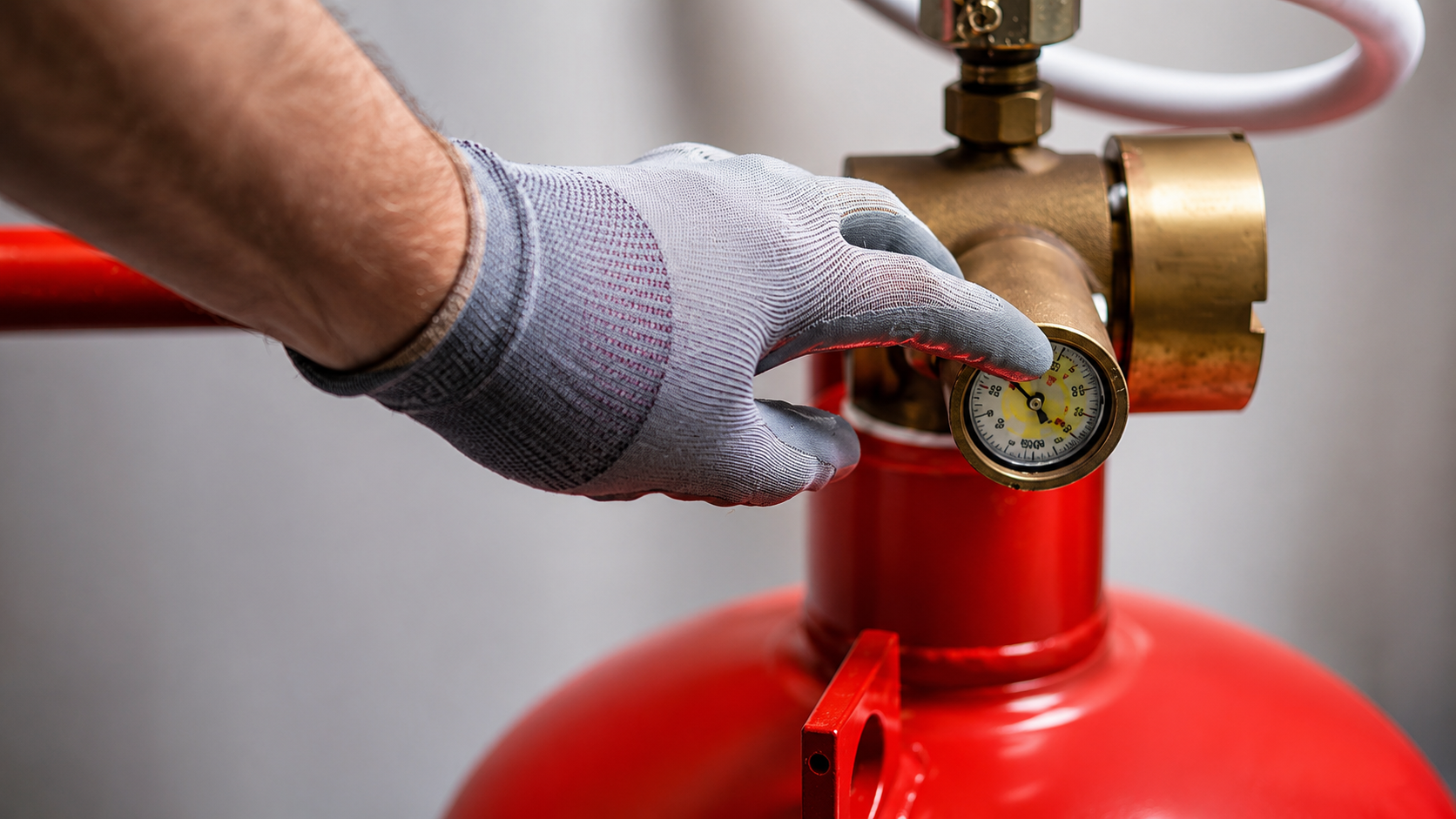 A person wearing a white protective glove adjusting a pressure gauge on a red fire suppression system cylinder.