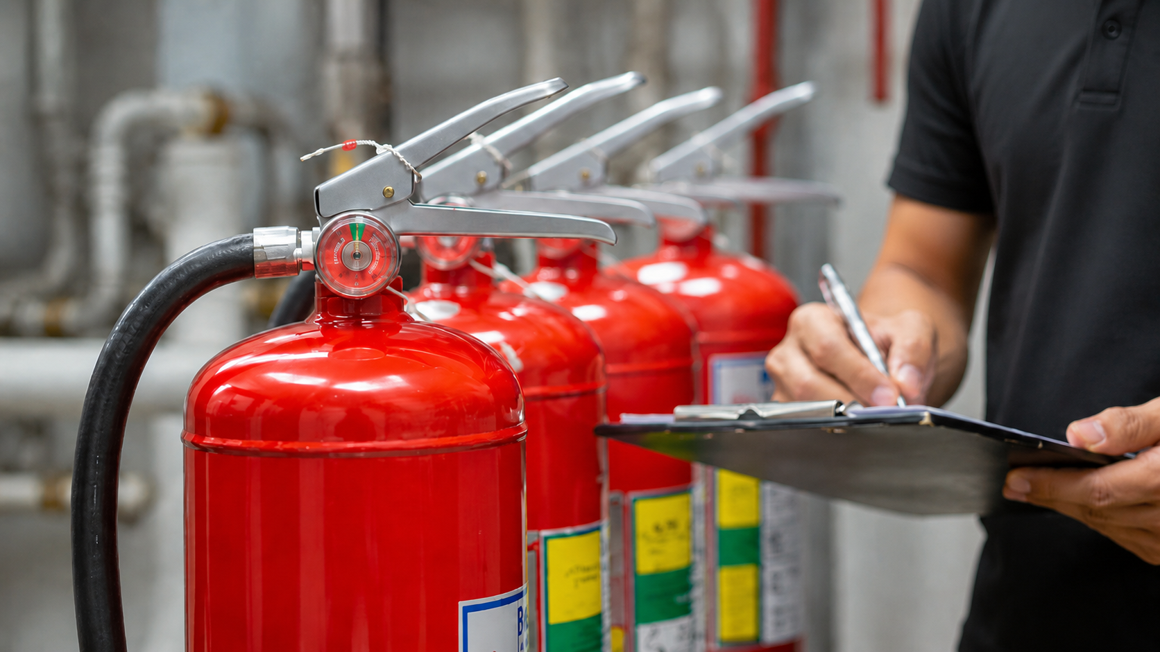 A row of red fire extinguishers with a person writing on a clipboard nearby.