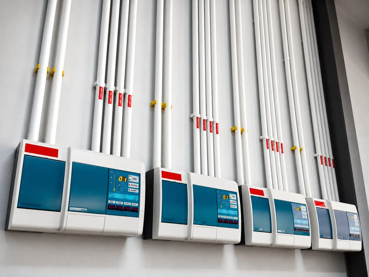 A row of fire alarm control panels with digital displays and red warning labels, connected to white pipes running vertically along the wall, with yellow and white pipe clips securing them.