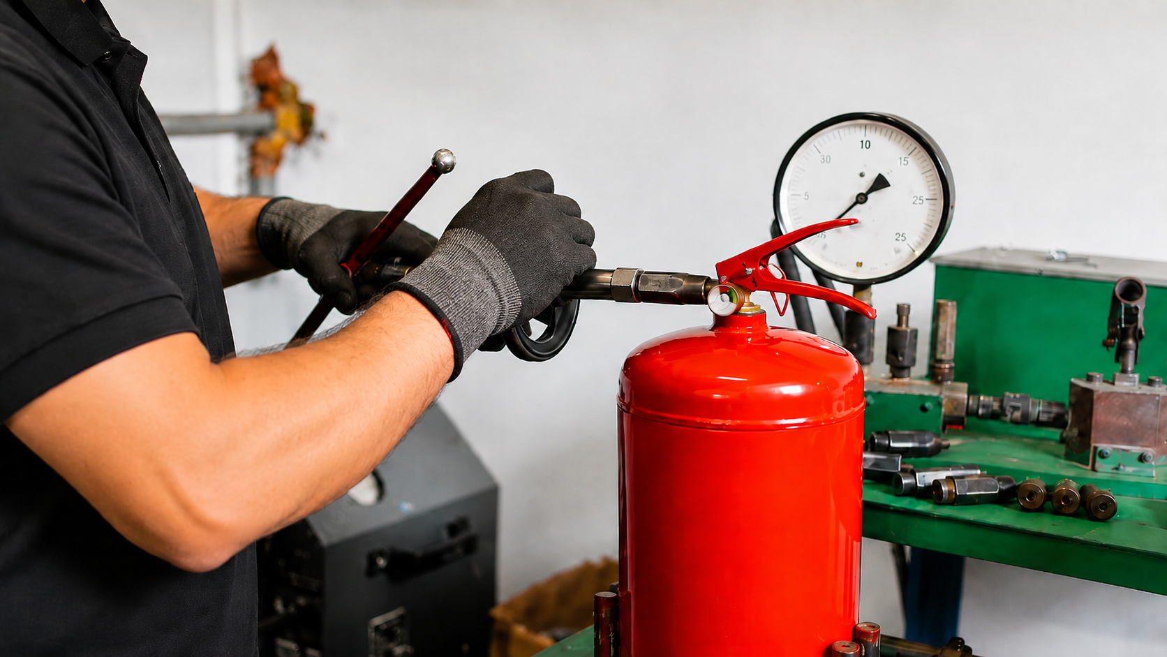 A person wearing a black shirt and black gloves is operating machinery involving a red fire extinguisher, a pressure gauge, and various metal fittings in a workshop.