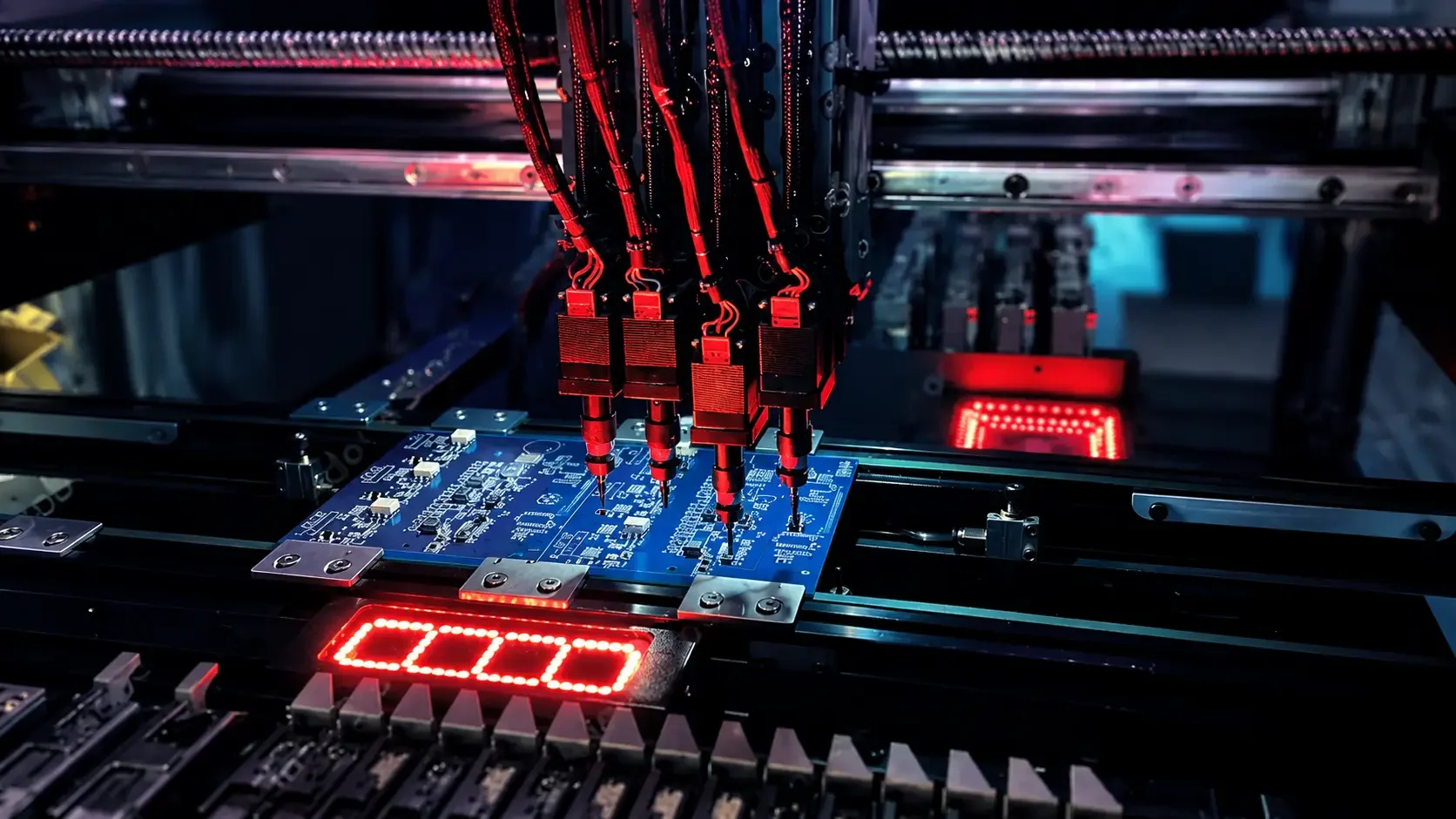 Robotic arms manufacturing electronic circuit boards in a high-tech factory, with red LED lights and a digital display showing '00'.