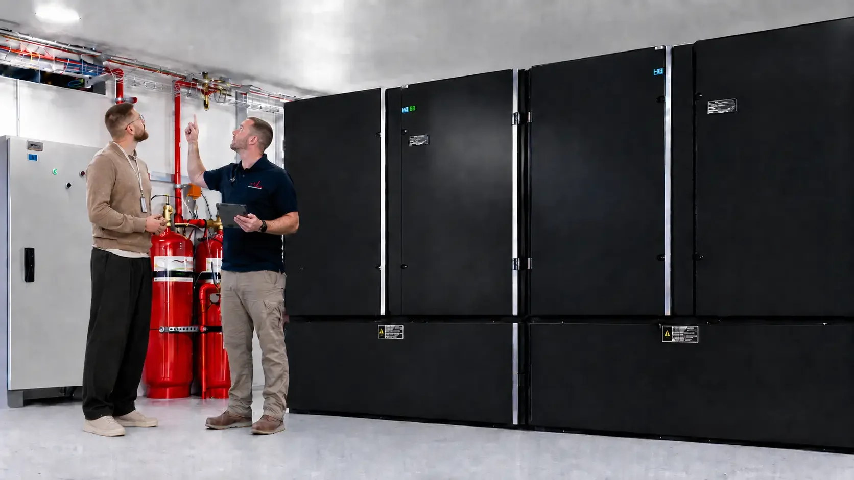 Two men having a discussion in a server room with fire extinguishers and large black server racks.