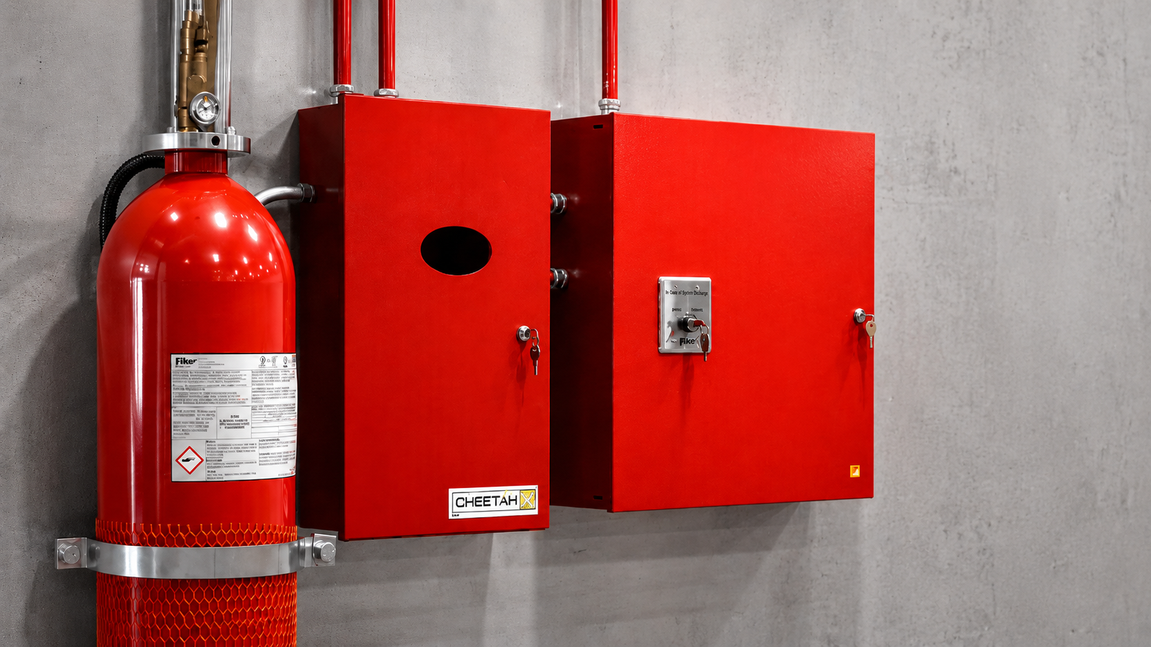 A red fire extinguisher and fire safety boxes mounted on a gray concrete wall.