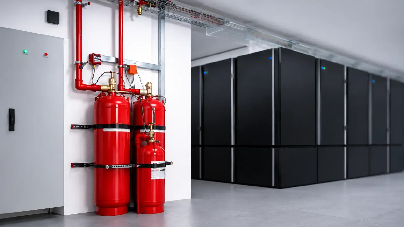 Data center room with server racks on the right and fire safety equipment, including red fire extinguishers and valves, on the left wall.