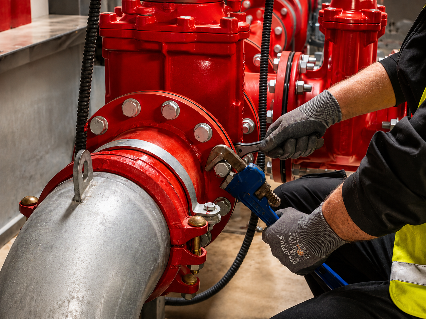 A worker wearing gloves and a reflective vest is using a wrench to work on a large red industrial pipe or valve system, with multiple bolts and fittings.