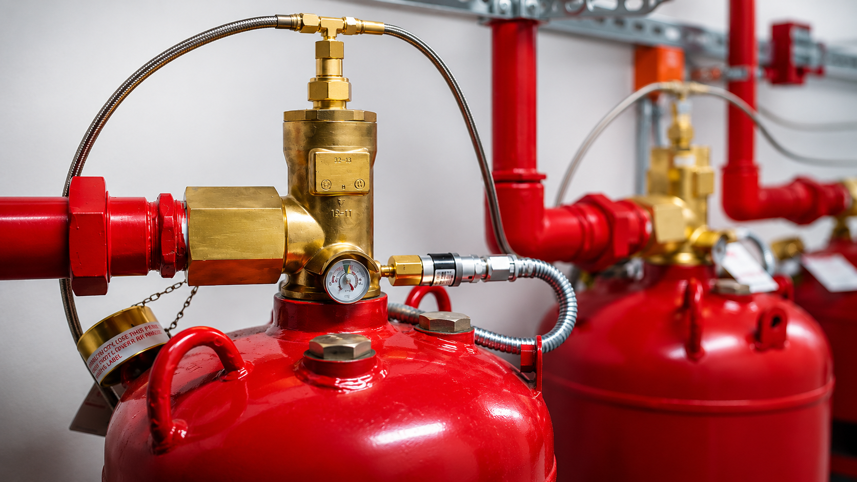 Red fire suppression tanks with gold and silver fittings, connected by pipes and gauges.
