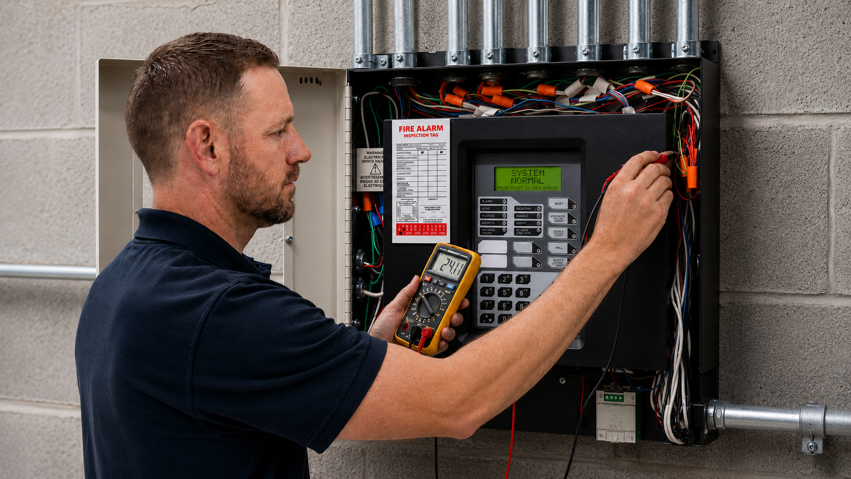 Technician testing an electrical control panel on a wall with a multimeter, system status shows 'System Normal' on the display.